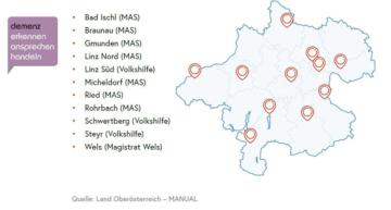 Landkarte von Oberösterreich auf der die Demenzservicestellen mittels Pfeil eingezeichnet sind.